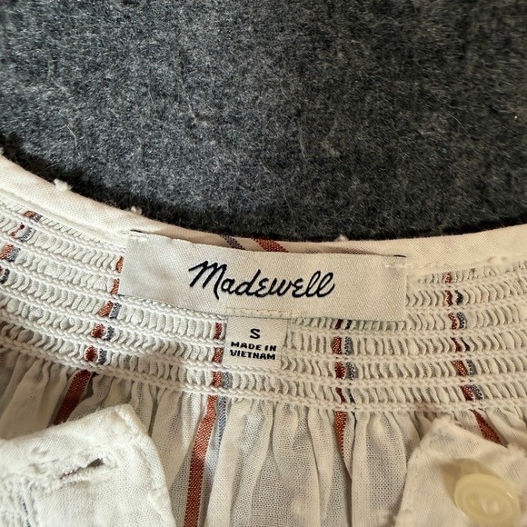 Madewell Smocked Button Front Striped Swiss Dot Top White Brown Blue Small - Picture 2 of 9